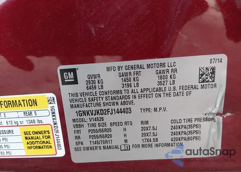 2015 Chevrolet Traverse Ltz from USA, damaged, VIN 1GNKVJKD2FJ144403